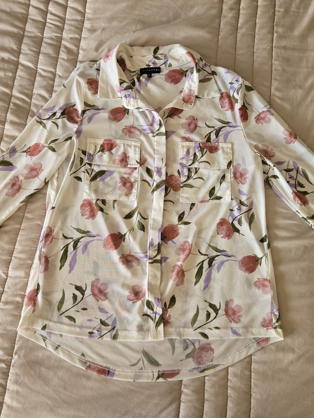 JLUXLABEL Cream Floral Button-Down Shirt with Pink & Lavender Blooms